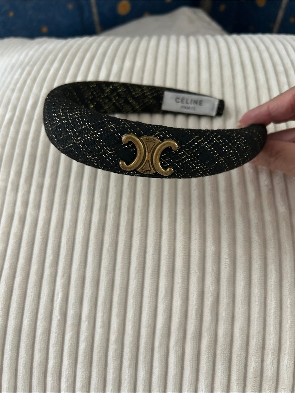 Black Tweed & Metallic Gold Headband with Gold Triomphe Accent